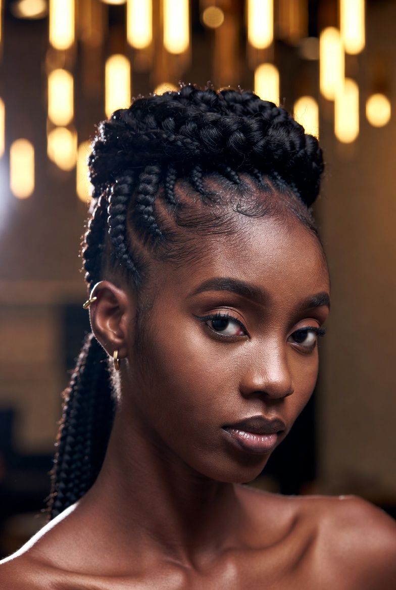 Feed-in cornrows in a braided bun
