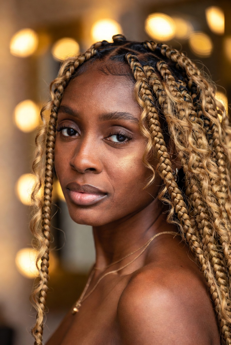 Honey-blonde boho knotless braids